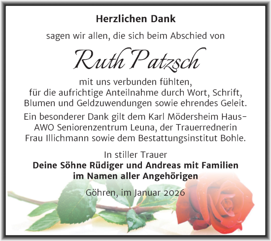 Traueranzeige von Ruth Patzsch von Trauerkombi Merseburg