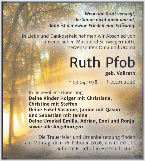 Traueranzeige von Ruth Pfob von Trauerkombi Mansfelder Land