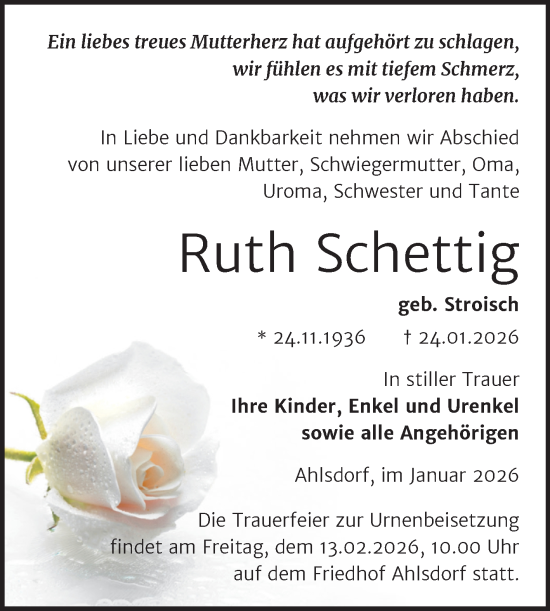 Traueranzeige von Ruth Schettig von Trauerkombi Mansfelder Land