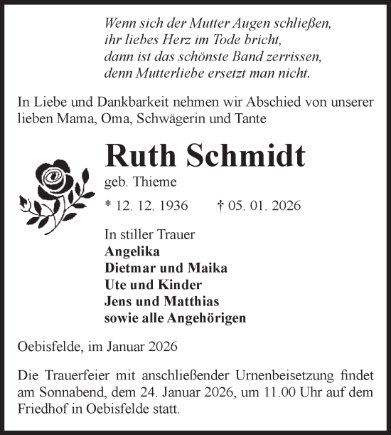 Traueranzeige von Ruth Schmidt von Volksstimme Altmark West
