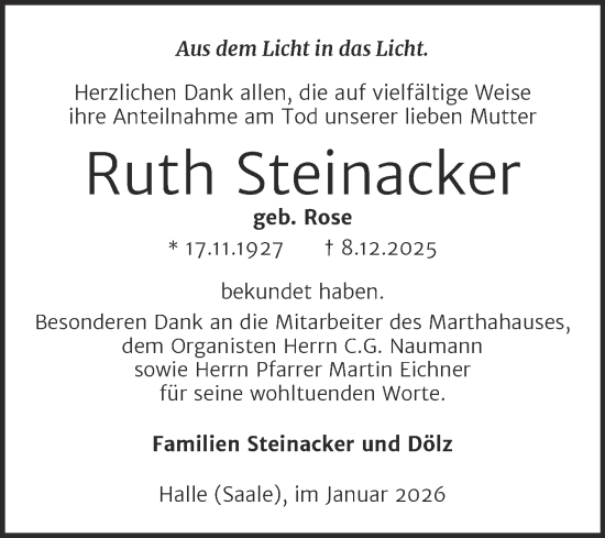 Traueranzeige von Ruth Steinacker von Mitteldeutsche Zeitung Halle/Saalkreis