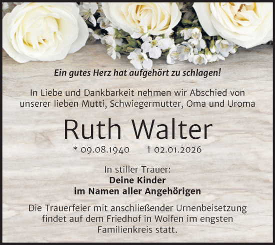 Traueranzeige von Ruth Walter von Trauerkombi Bitterfeld
