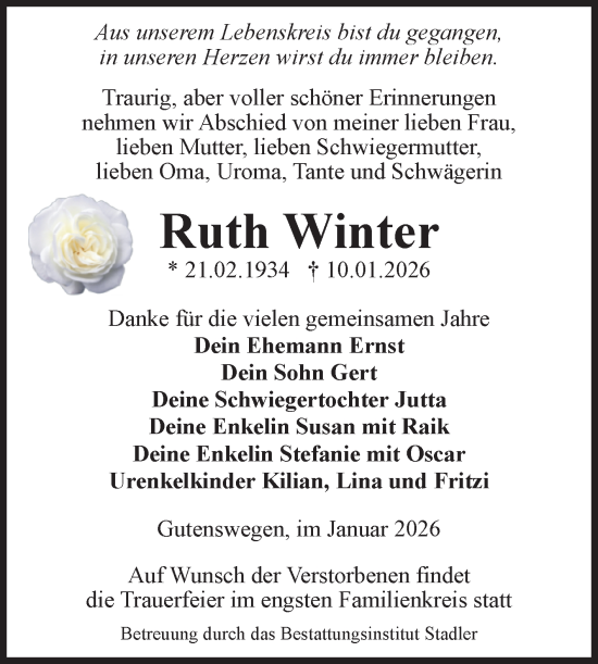 Traueranzeige von Ruth Winter von Volksstimme Haldensleben/Wolmirstedt