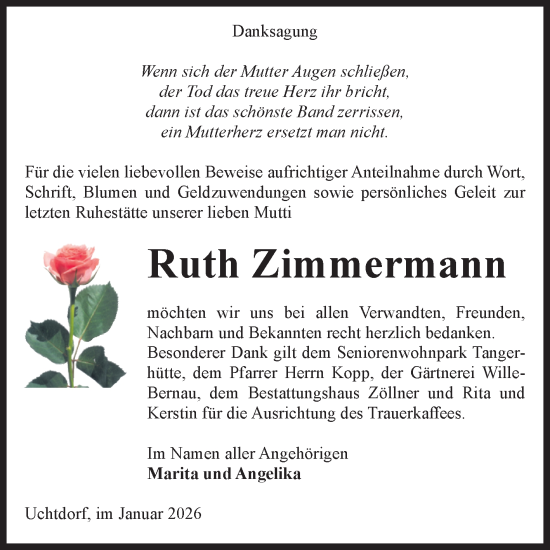 Traueranzeige von Ruth Zimmermann von Volksstimme Altmark Ost