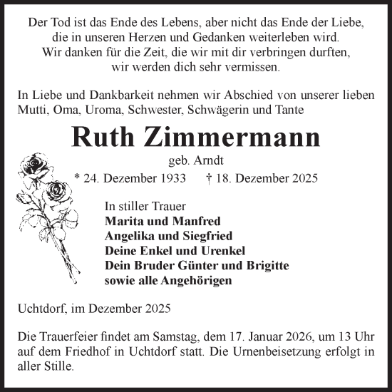 Traueranzeige von Ruth Zimmermann von Volksstimme Altmark Ost