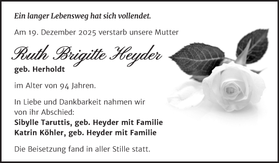 Traueranzeige von Ruth Brigitte Heyder von Trauerkombi Mansfelder Land