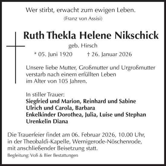 Traueranzeige von Ruth Thekla Helene Nikschick von Volksstimme Wernigerode