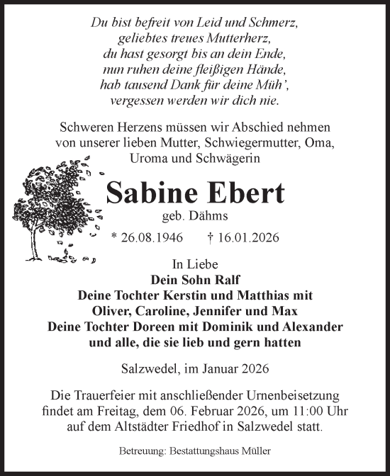 Traueranzeige von Sabine Ebert von Volksstimme Altmark West