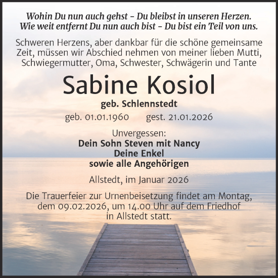 Traueranzeige von Sabine Kosiol von Trauerkombi Sangerhausen