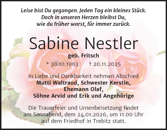 Traueranzeige von Sabine Nestler von Trauerkombi Wittenberg