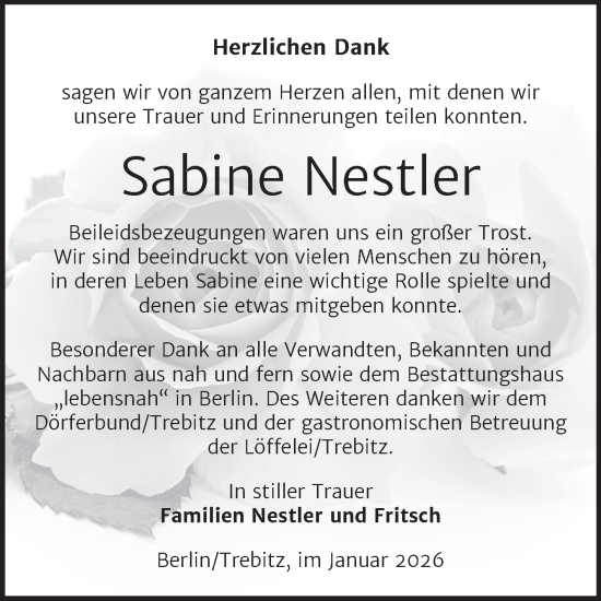 Traueranzeige von Sabine Nestler von Trauerkombi Wittenberg