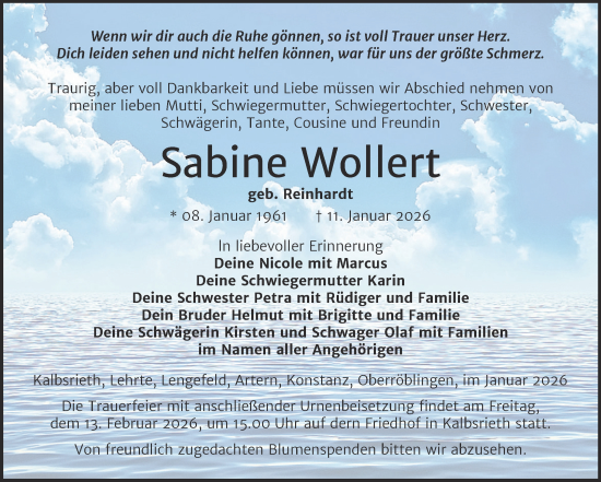 Traueranzeige von Sabine Wollert von Trauerkombi Sangerhausen