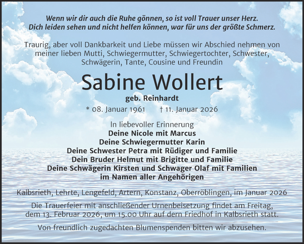  Traueranzeige für Sabine Wollert vom 24.01.2026 aus Trauerkombi Sangerhausen