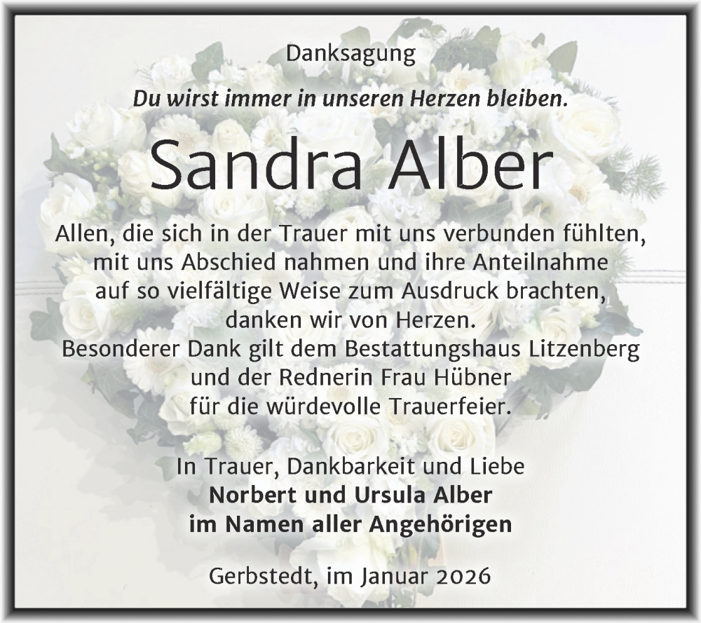  Traueranzeige für Sandra Alber vom 24.01.2026 aus Trauerkombi Mansfelder Land