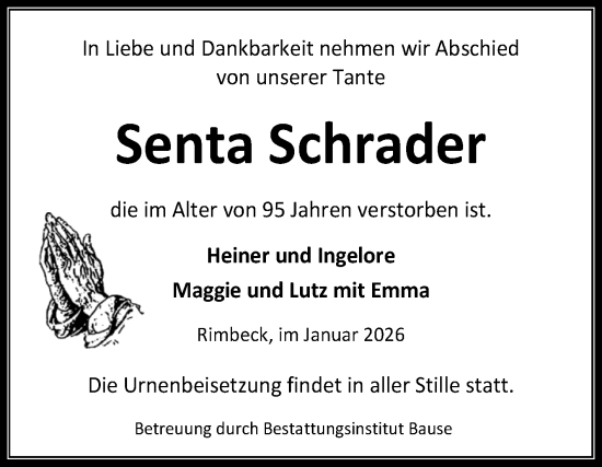 Traueranzeige von Senta Schrader von Volksstimme Halberstadt
