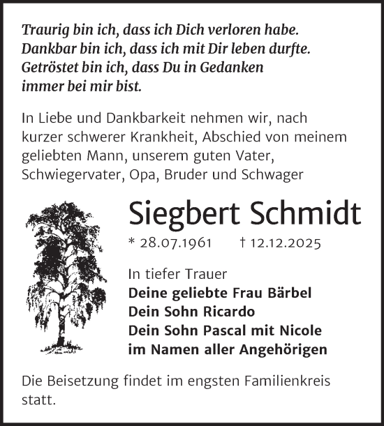 Traueranzeige von Siegbert Schmidt von Trauerkombi Wittenberg