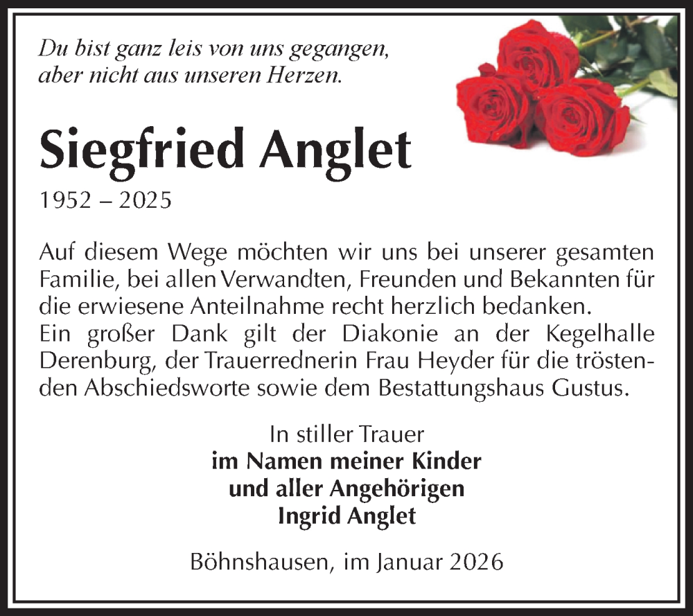  Traueranzeige für Siegfried Anglet vom 17.01.2026 aus Volksstimme Halberstadt
