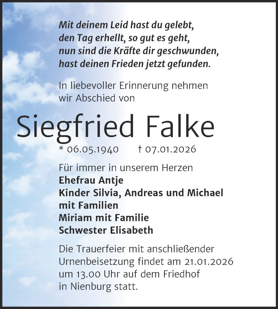  Traueranzeige für Siegfried Falke vom 17.01.2026 aus Trauerkombi Bernburg