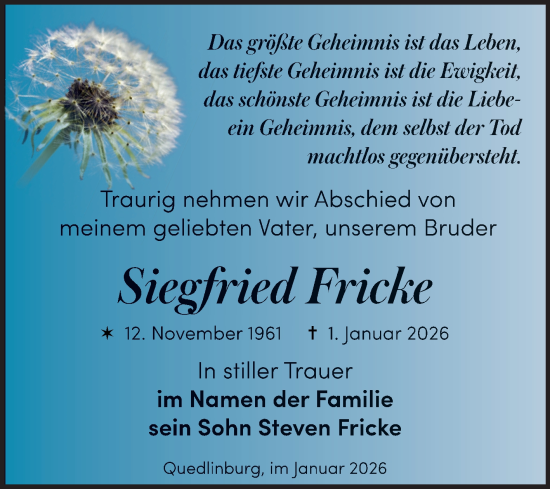 Traueranzeige von Siegfried Fricke von Trauerkombi Quedlinburg