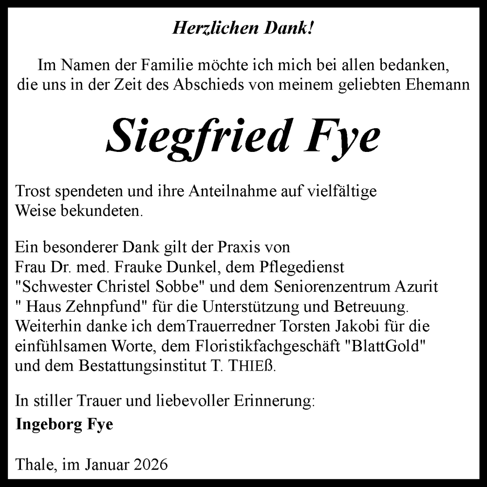  Traueranzeige für Siegfried Fye vom 24.01.2026 aus Trauerkombi Quedlinburg