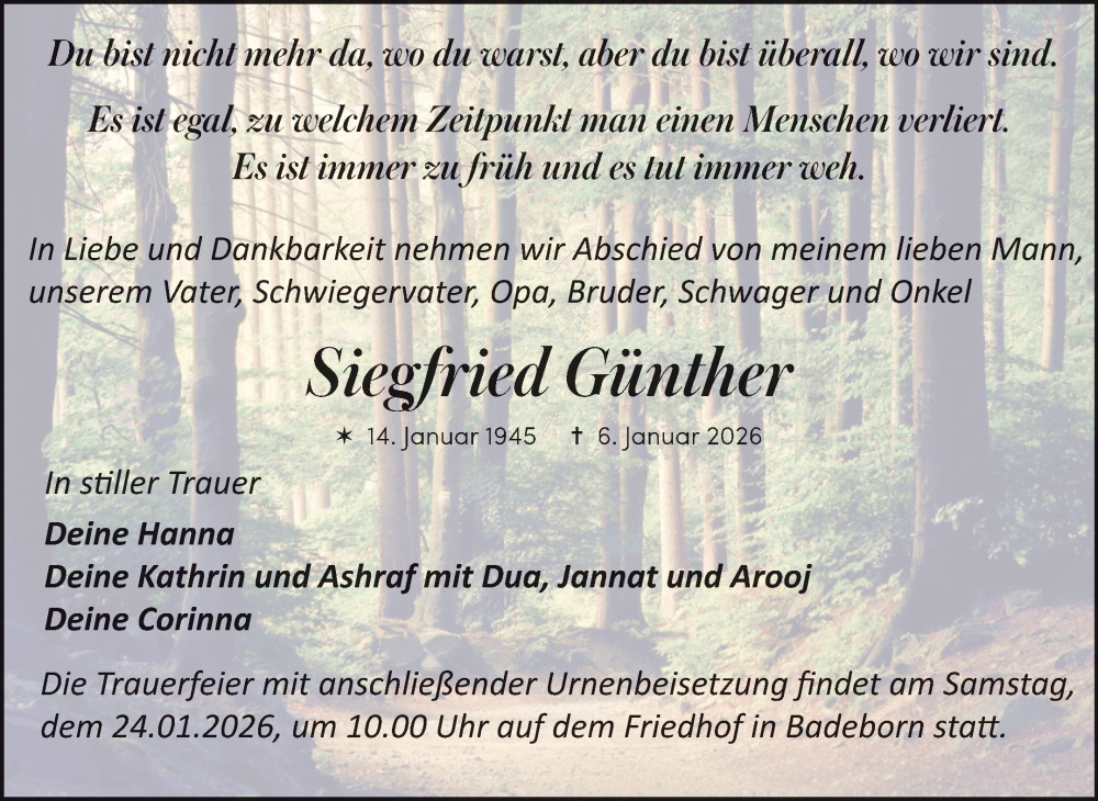  Traueranzeige für Siegfried Günther vom 17.01.2026 aus Trauerkombi Quedlinburg
