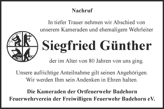 Traueranzeige von Siegfried Günther von Super Sonntag Quedlingburg