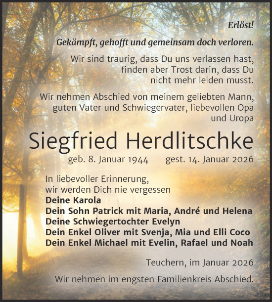 Traueranzeige von Siegfried Herdlitschke von Trauerkombi Weißenfels