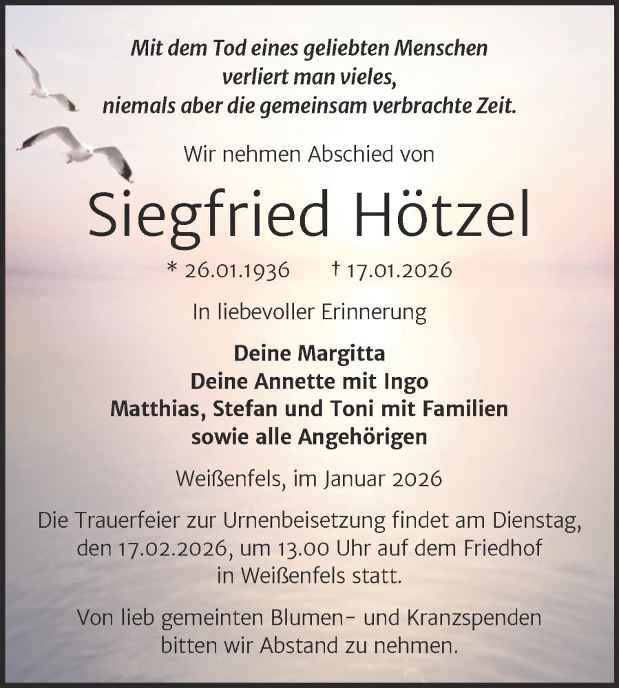  Traueranzeige für Siegfried Hötzel vom 31.01.2026 aus Trauerkombi Weißenfels