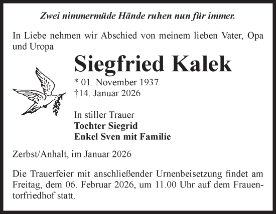 Traueranzeige von Siegfried Kalek von Volksstimme Zerbst