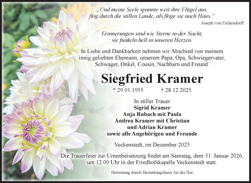  Traueranzeige für Siegfried Kramer vom 10.01.2026 aus Volksstimme Wernigerode
