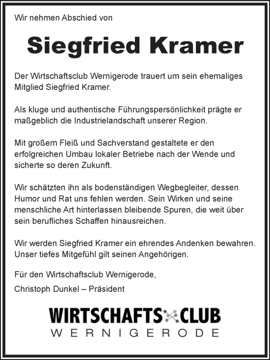 Traueranzeige von Siegfried Kramer von Volksstimme Wernigerode