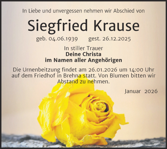 Traueranzeige von Siegfried Krause von Trauerkombi Bitterfeld