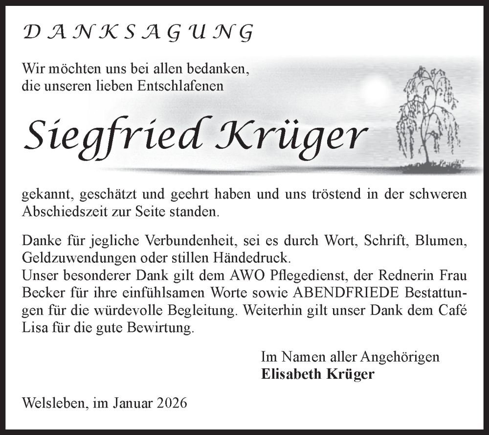  Traueranzeige für Siegfried Krüger vom 10.01.2026 aus Volksstimme Schönebeck