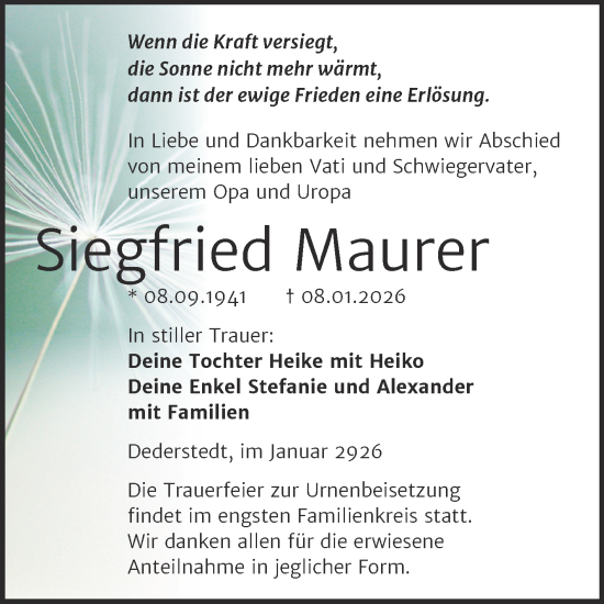 Traueranzeige von Siegfried Maurer von Trauerkombi Mansfelder Land