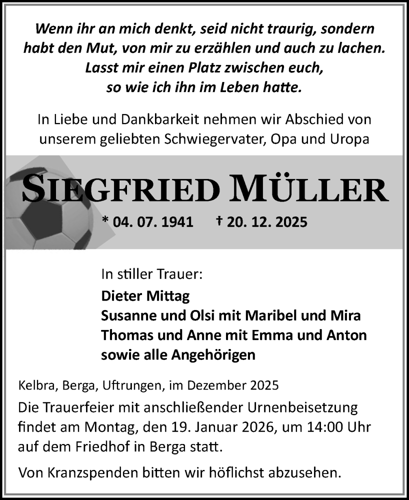  Traueranzeige für Siegfried Müller vom 10.01.2026 aus Trauerkombi Sangerhausen