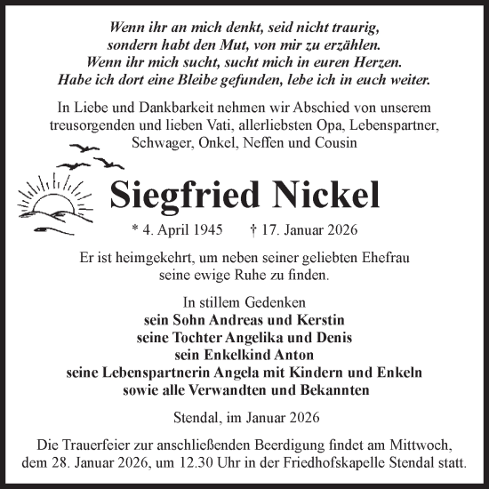 Traueranzeige von Siegfried Nickel von Volksstimme Altmark Ost