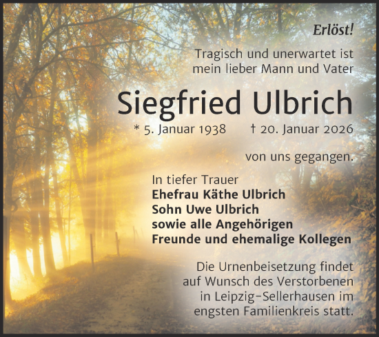 Traueranzeige von Siegfried Ulbrich von Trauerkombi Köthen