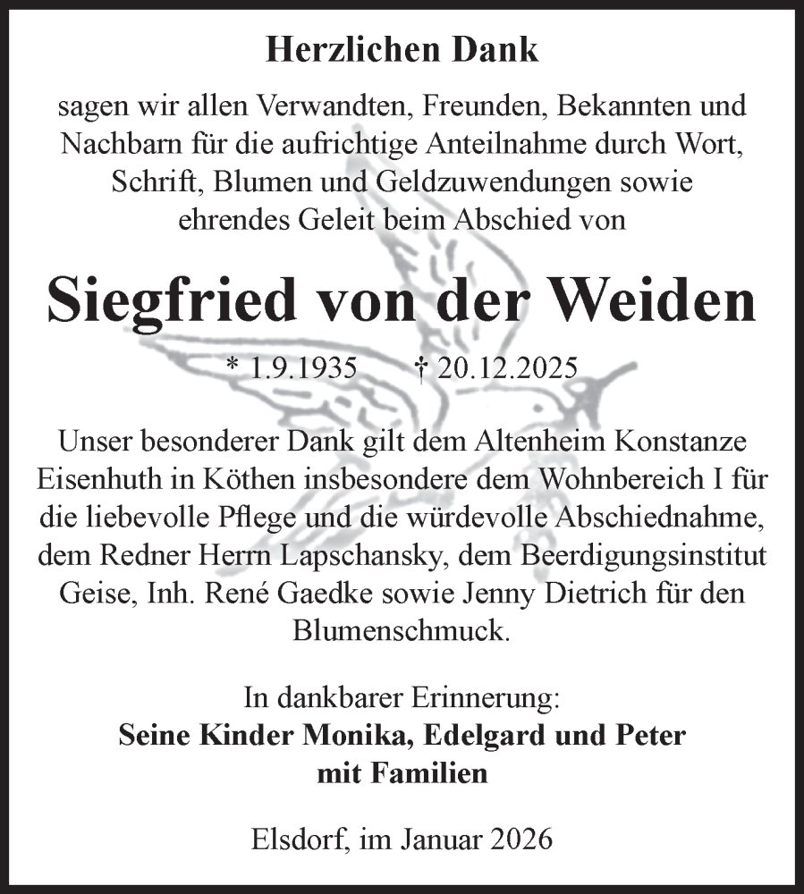  Traueranzeige für Siegfried von der Weiden vom 24.01.2026 aus Trauerkombi Köthen