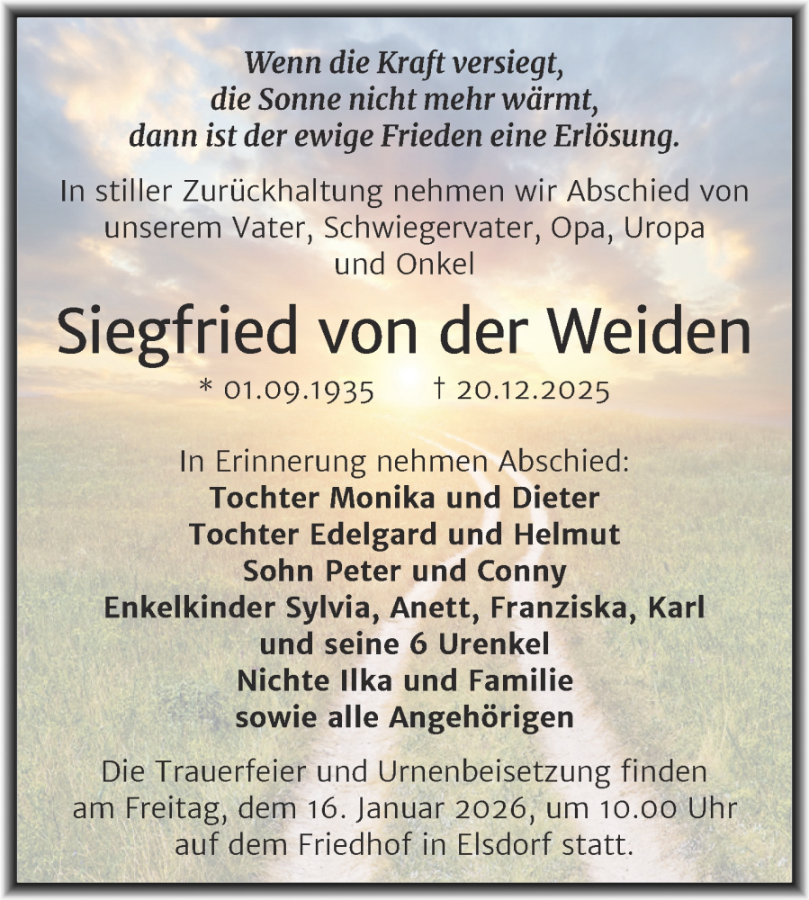  Traueranzeige für Siegfried von der Weiden vom 03.01.2026 aus Trauerkombi Köthen