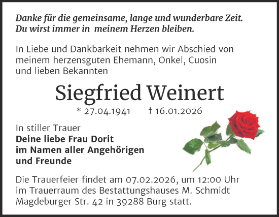 Traueranzeige von Siegfried Weinert von Volksstimme Burg/Genthin