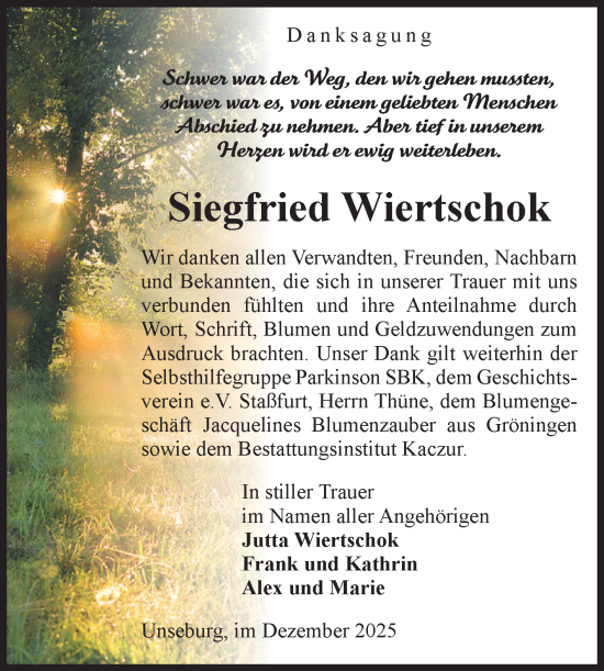 Traueranzeige von Siegfried Wiertschok von Volksstimme Staßfurt
