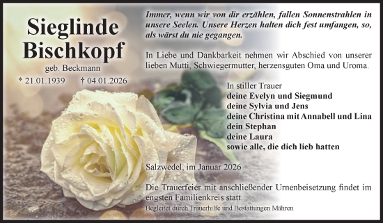Traueranzeige von Sieglinde Bischkopf von Volksstimme Altmark West