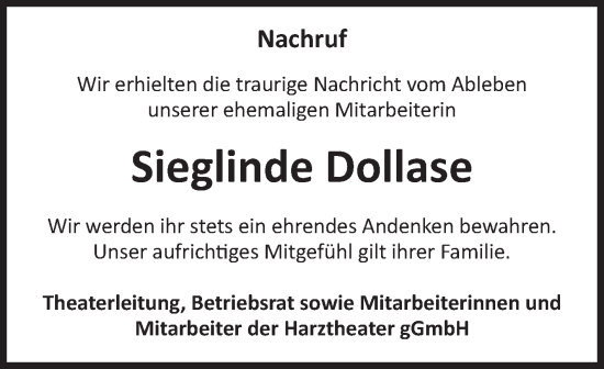 Traueranzeige von Sieglinde Dollase von Mitteldeutsche Zeitung Quedlingburg
