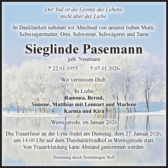 Traueranzeige von Sieglinde Pasemann von Volksstimme Wernigerode