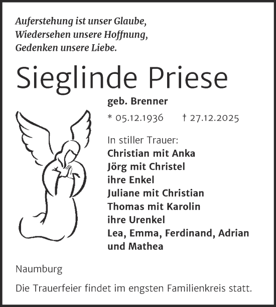 Traueranzeige von Sieglinde Priese von Naumburger Tageblatt