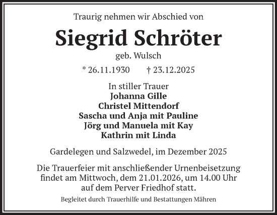 Traueranzeige von Siegrid Schröter von Volksstimme Altmark West