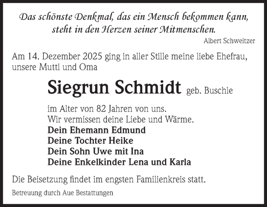 Traueranzeige von Siegrun Schmidt von Volksstimme Magdeburg