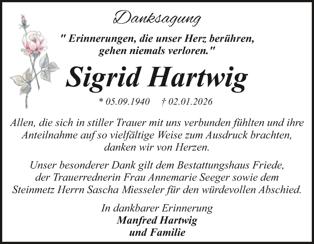 Traueranzeige für Sigrid Hartwig vom 31.01.2026 aus Trauerkombi Dessau