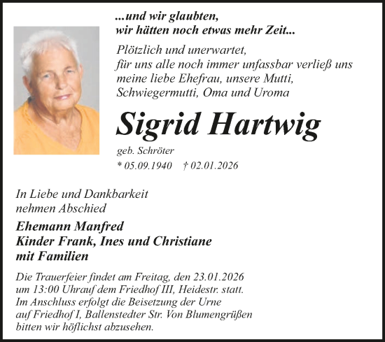 Traueranzeige von Sigrid Hartwig von Mitteldeutsche Zeitung Dessau-Roßlau