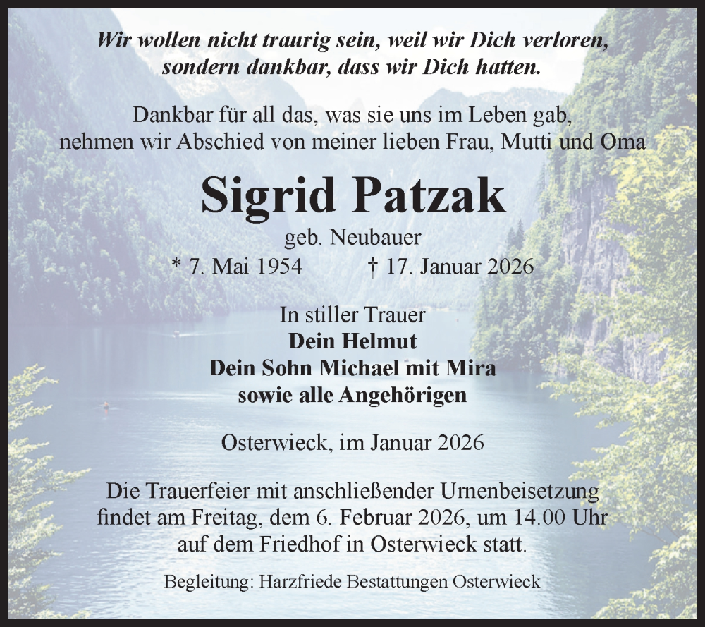  Traueranzeige für Sigrid Patzak vom 24.01.2026 aus Volksstimme Halberstadt